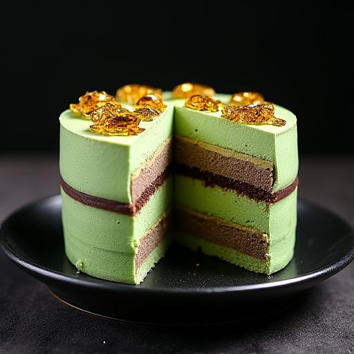 金粉が飾られた層の美しい宇治抹茶のオペラ